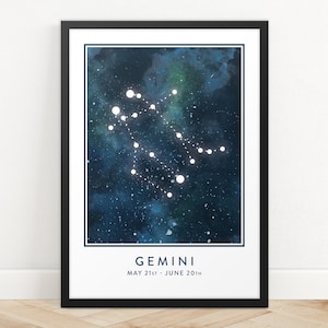 Impresión de signo de estrella de Géminis, Impresión de arte de constelación, Impresión de horóscopo, Impresión de mapa de estrellas, Impresión de zodiaco, Arte de pared de astrología, Arte de pared de dormitorio