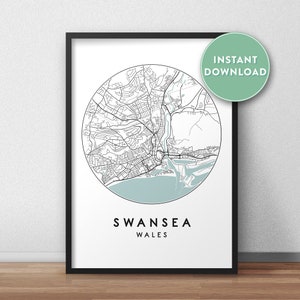 Swansea City Map Printable, Street Map Art, Swansea Map Print, City Map Wall Art, Swansea Map, Travel Poster, Printable, Map Print