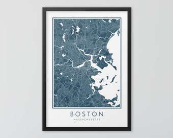 May include: Framed map print of Boston, Massachusetts, in a teal and white color scheme. The map details the city's streets, waterways, and surrounding areas. The word "BOSTON" is printed below the map, with "MASSACHUSETTS" underneath.