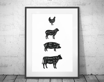 Butcher Cuts Art Print - Meat Cuts Poster - Kitchen Print - Kitchen Art - Butcher Print - White