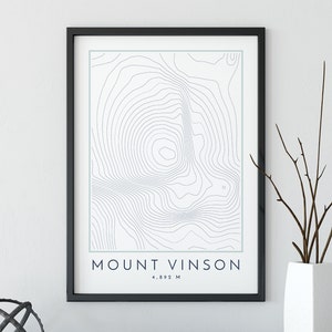 Impression de carte topographique du mont Vinson, impression de carte des lignes de contour, impression du mont Vinson, impression de montagne, impression de carte topographique, sept sommets