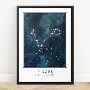 Impresión de signo de estrella de Piscis, Impresión de arte de constelación, Impresión de horóscopo, Impresión de mapa de estrellas, Impresión de zodiaco, Arte de pared de astrología, Arte de pared de dormitorio