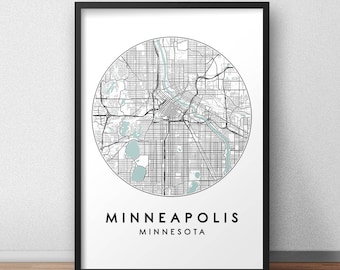 May include: A black and white city map print of Minneapolis, Minnesota. The map is in a circle with the city name and state below it.