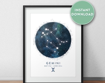 Gemini Constellation Art Print, Star Sign Print, Horoscope Print, Zodiac Wall Art, Zodiac Print, Astrology Wall Art, Bedroom Wall Art