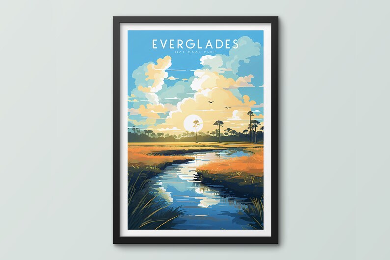 May include: A colorful illustration of a sunset over a river in the Everglades National Park. The sky is blue with white clouds and the sun is setting behind a line of trees. The river is a dark blue and the grass is a light green.