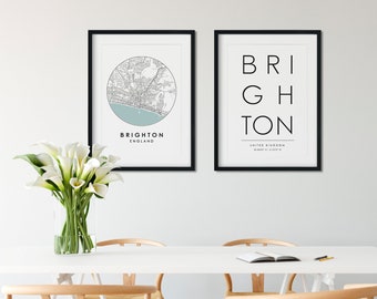 Brighton Print Set, Brighton City Map, Typography Print, Brighton Print, Street Map Print, Travel Print, Travel Poster, Map Print
