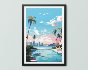 May include: A framed illustration of a Miami skyline with palm trees and a swimming pool. The text "MIAMI" is at the top of the image.