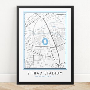 Impressão de mapa do Etihad Stadium, impressão de mapa do Manchester City FC, impressão de clube de futebol, qualquer time, impressão de mapa personalizado, pôster de impressões de mapas, pôster de futebol