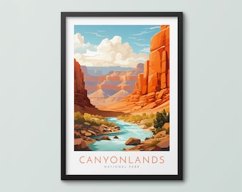 May include: A vintage-style poster featuring a scenic view of Canyonlands National Park. The poster depicts a narrow canyon with a winding river flowing through it, surrounded by towering red rock cliffs. The sky is a bright blue with fluffy white clouds. The text "Canyonlands National Park" is printed at the bottom of the poster.