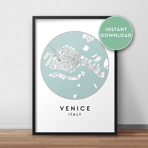May include: Printable map of Venice, Italy, with a light blue background and black lines showing the city streets. The text "VENICE ITALY" is printed below the map.