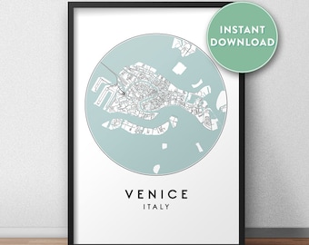 May include: Printable map of Venice, Italy, with a light blue background and black lines showing the city streets. The text "VENICE ITALY" is printed below the map.