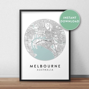 May include: A black and white printable map of Melbourne, Australia, with a light blue water feature. The map is in a circle with the word "MELBOURNE" and "AUSTRALIA" below it.