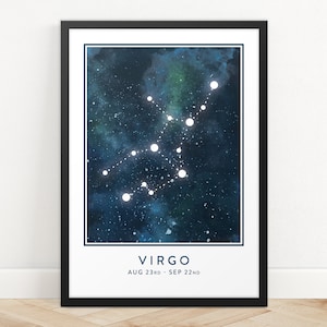 Impresión de signo de estrella de Virgo, Impresión de arte de constelación, Impresión de horóscopo, Impresión de mapa de estrellas, Impresión de zodiaco, Arte de pared de astrología, Arte de pared de dormitorio