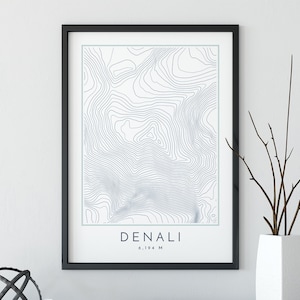 Impression de carte topographique de Denali, impression de carte de lignes de contour, impression de Denali, impression de montagne, impression de carte de topographie, sept sommets