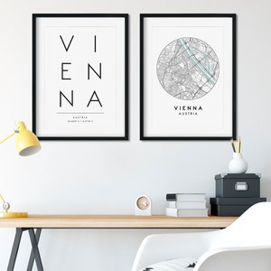 Ensemble d'impressions de Vienne, plan de la ville de Vienne, impression typographie, impression de Vienne, impression de plan de ville, impression de voyage, affiche de voyage, impression de carte