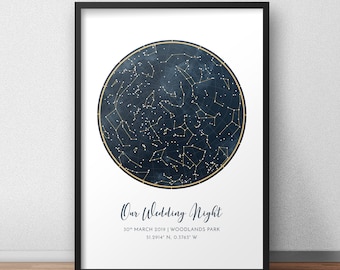 Impresión de mapa de estrellas personalizado enmarcado, regalo de aniversario, impresión de cielo nocturno, cartel de mapa de estrellas, regalo de boda, impresión de constelación, regalo personalizado