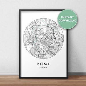 May include: A black and white printable map of Rome, Italy. The map is in a circle and shows the city streets and landmarks. The text "ROME" and "ITALY" is printed below the map.