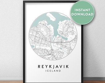 May include: A printable map of Reykjavik, Iceland, in a black frame. The map is in a circle with a light blue background and black lines showing the streets. The text "REYKJAVIK" and "ICELAND" is below the map.