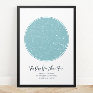 Impresión de mapa estelar personalizada, regalo de aniversario, impresión de cielo nocturno, póster de mapa estelar, regalo de boda, impresión de constelación del zodíaco, regalo personalizado
