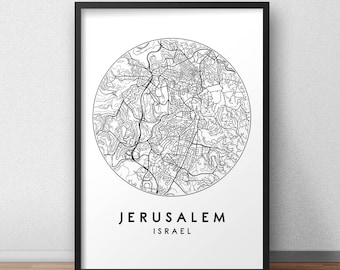 May include: Black and white line art print of a map of Jerusalem, Israel. The map is in a circle and the city name is written below the map.