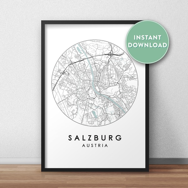 Salzburg City Map Printable, Street Map, Salzburg Map Print, City Map Wall Art, Salzburg Map, City Map, Travel Poster, Printable, Map Print