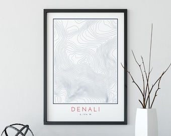 May include: A black framed print with a topographic map of Denali, a mountain in Alaska. The map is in shades of blue and white. The text "DENALI 6,194 M" is printed in red and white at the bottom of the print.