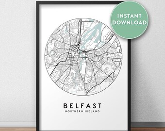 Belfast City Map Printable, Street Map Art, Belfast Map Print, City Map Wall Art, Belfast Map, Travel Poster, Northern Ireland, Map Print