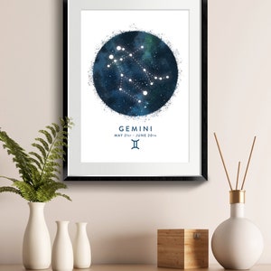 Gemini Constellation Art Print, Star Sign Print, Horoscope Print, Zodiac Wall Art, Zodiac Print, Astrology Wall Art, Bedroom Wall Art image 2
