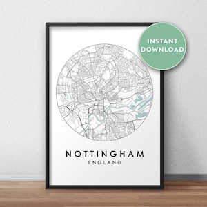 Mapa de la ciudad de Nottingham imprimible, arte del mapa de calles, impresión del mapa de Nottingham, arte de la pared del mapa de la ciudad, mapa de Nottingham, cartel de viaje, Inglaterra, impresión del mapa del Reino Unido