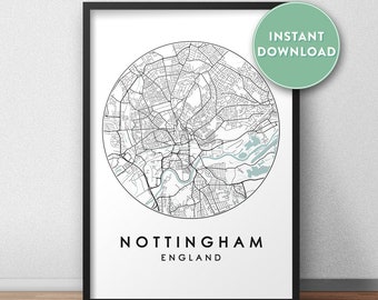 Nottingham City Map Printable, Street Map Art, Nottingham Map Print, City Map Wall Art, Nottingham Map, Travel Poster, England, UK Map Print