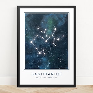 Impresión de signo de estrella de Sagitario, Impresión de arte de constelación, Impresión de horóscopo, Impresión de mapa de estrellas, Impresión de zodiaco, Arte de pared de astrología, Arte de pared de dormitorio