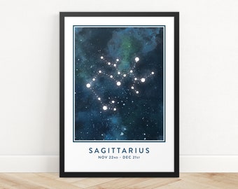 Sagittarius Star Sign Print, Constellation Art Print, Horoscope Print, Star Map Print, Zodiac Print, Astrology Wall Art, Bedroom Wall Art