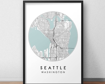 May include: A black and white map of Seattle, Washington, in a circle with a light blue background. The text "Seattle, Washington" is below the map.