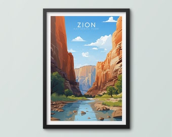 May include: A framed illustration of Zion National Park in Utah. The image shows a narrow canyon with a river flowing through it. The canyon walls are red and orange, and the sky is blue with white clouds. The text "Zion National Park" is printed at the top of the image.