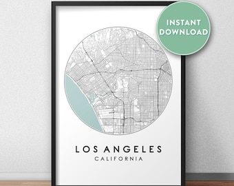 May include: Black and white printable map of Los Angeles, California. The map is in a circle with a light blue background. The text "Los Angeles, California" is below the map.