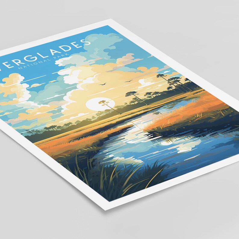 May include: A colorful illustration of a sunset over a river in the Everglades National Park. The sky is a vibrant blue with fluffy white clouds. The river is a deep blue with reflections of the sky and clouds. The trees are a mix of green and brown, and the grass is a bright green.