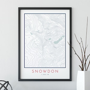 Snowdon topografische kaart print, contourlijnen kaart print, Snowdon print, berg print, topografie kaart print, reisposter, Three Peaks