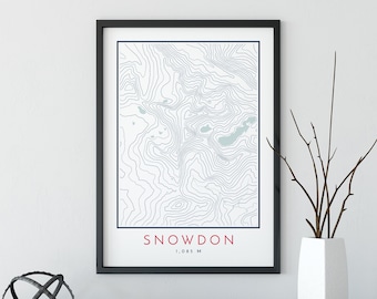 May include: A black framed print with a topographic map of Snowdon, a mountain in Wales. The map is in blue and white, and the text "SNOWDON 1,085 M" is in red at the bottom.