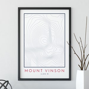 Impression de carte topographique du mont Vinson, impression de carte des lignes de contour, impression du mont Vinson, impression de montagne, impression de carte topographique, sept sommets
