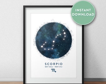 May include: A printable digital download of a watercolor illustration of the Scorpio constellation with a blue and black starry background. The text "Scorpio Oct 22nd - Nov 21st" and the Scorpio zodiac symbol are below the constellation.