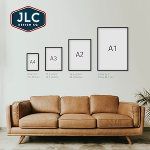 May include: Four black picture frames of different sizes labeled A1, A2, A3, and A4. The frames are hanging on a white wall above a brown leather couch. The frames are labeled with their dimensions in inches and centimeters.