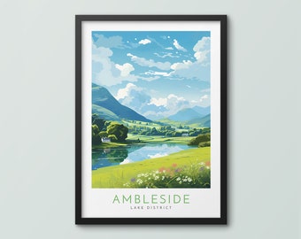 May include: Framed art print featuring a scenic landscape of Ambleside in the Lake District. The artwork depicts a serene lake, green fields, and rolling hills under a bright blue sky with fluffy clouds. The text "AMBLESIDE LAKE DISTRICT" is at the bottom.
