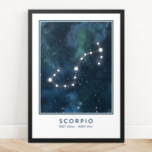 Impresión de signo de estrella de Escorpio, Impresión de arte de constelación, Impresión de horóscopo, Impresión de mapa de estrellas, Impresión de zodiaco, Arte de pared de astrología, Arte de pared de dormitorio
