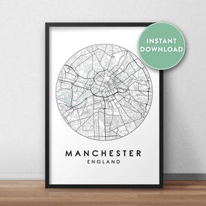 Mapa de la ciudad de Manchester imprimible, arte del mapa de calles, impresión del mapa de Manchester, arte de la pared del mapa de la ciudad, mapa de Manchester, cartel de viaje, Inglaterra, impresión del mapa
