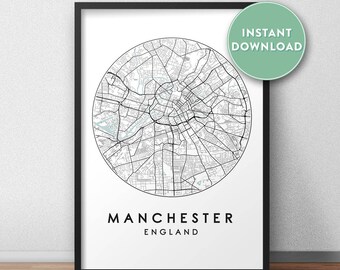 Manchester City Map Printable, Street Map Art, Manchester Map Print, City Map Wall Art, Manchester Map, Travel Poster, England, Map Print