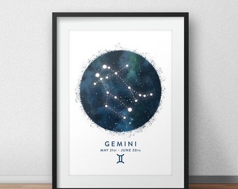 Impressão artística da constelação de Gêmeos, impressão do signo estelar, impressão do horóscopo, arte de parede do zodíaco, impressão do zodíaco, arte de parede da astrologia, arte de parede do quarto