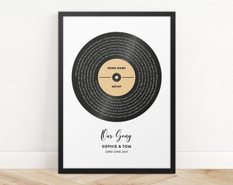 Impresión personalizada de letras de canciones en vinilo, regalo de boda, impresión de letras de canciones, regalo de aniversario, impresión de amistad, regalo para ella, regalo para él