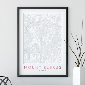 Mount Elbrus topografische kaart afdrukken, contourlijnen kaart afdrukken, Mount Elbrus afdrukken, berg afdrukken, topografie kaart afdrukken, zeven toppen