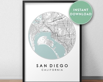 Mapa miasta San Diego do druku, Mapa ulic, Wydruk mapy San Diego, Sztuka ścienna mapy miasta, San Diego, Mapa miasta, Plakat podróżniczy, Do druku, Wydruk mapy