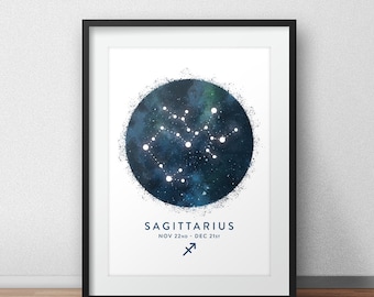 May include: A black framed print with a watercolor background of a blue and green galaxy with white stars. The constellation Sagittarius is outlined in white stars with the text "SAGITTARIUS NOV 22nd - DEC 21st" and the Sagittarius symbol below.